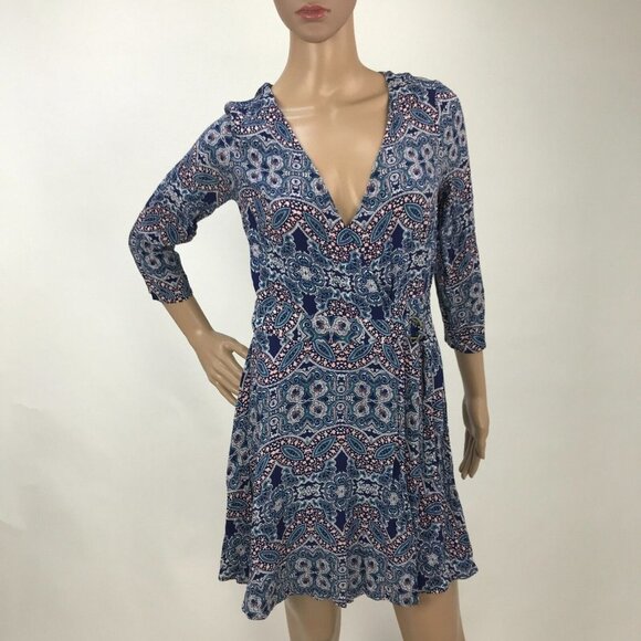 EXPRESS Boho Paisley Print Long Sleeve Belted V-Neck‎ Mini A-line Dress 70s - Picture 1 of 7